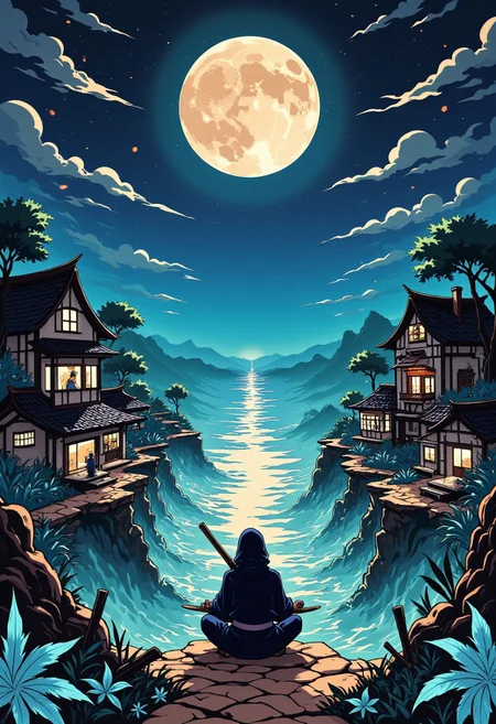In a mysterious twilight village, ninjas and elemental guardians maintain a hidden balance between nature and technology, fusing the graceful, traditional ink art of ancient Japan with cybernetic aesthetics, intricate patterns, and a mesmerizing interplay of light and shadow that whispers of forgotten lore.
, aidmaIllustriousStyle