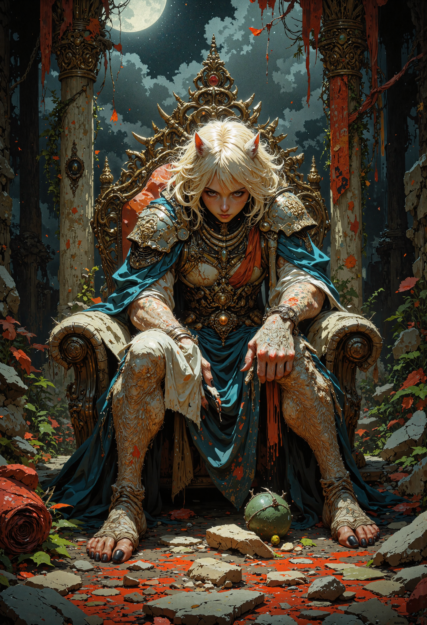 masterpiece, high-quality, dark fantasy mixed media, A feral werewolf queen dominates a ruined throne room overgrown with twisted, carnivorous flowers. Her short, ash-blonde fur bristles with primal energy, and tattered royal garments cling to her hulking form. The camera frames her in a tense side-on view, capturing the interplay of moonlit shadows that streak across her snarling jaws and gleaming claws. Torn banners featuring half-erased heraldry hang from blackened pillars, each flanked by vines that ooze luminescent sap. Splashes of ink and gouache define the hyperdetailed textures of the claw marks scored into stone walls, blending seamlessly with more realistic pencil shading. An aura of ferocity and archaic magic permeates the entire composition, hinting at an empire claimed by raw wilderness, <lora:FLUX\Anime v1.3:0.5> <lora:FLUX\FantasticalRealismV2:0.8> <lora:FLUX\StylizedEdge:0.4> <lora:FLUX\Fluxartis 28.11A:0.3>
