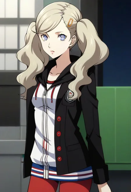 (source_anime), 1 girl, solo, nsfw, cute face, p5ann, twintails, long hair, takamaki anne, blonde hair, hairclip, skirt, uniform, jacket, open clothes, hairclip, hood, miniskirt, sweater, open jacket, black jacket, hoodie,hood down, white sweater, red pantyhose, hooded cardigan, uniform,