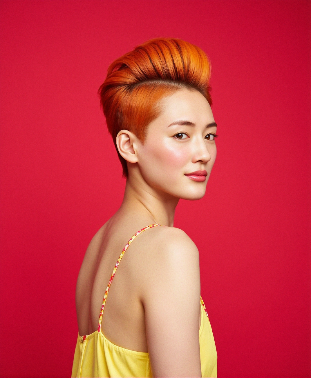 portrait of sks woman by Flora Borsi, style by Flora Borsi, bold, bright colours, orange Mohawk haircut, (Flora Borsi)