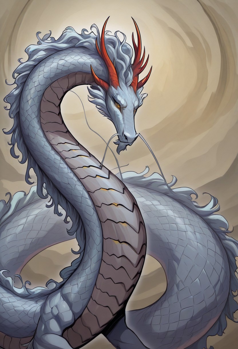 masterpiece, best quality, newest, absurdres, highres, HadesCharacterArtstyle-IL-V1.0, Lung-Easter-Dragon-IL-V1.0, Dragon, Eastern Dragon, white dragon, golden eyes, horns, white scales, red horns,