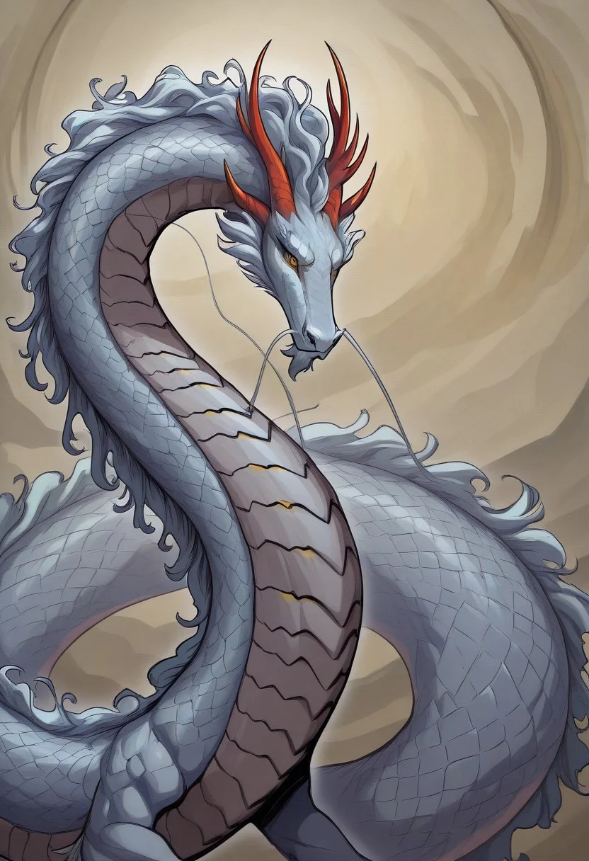 masterpiece, best quality, newest, absurdres, highres, HadesCharacterArtstyle-IL-V1.0, Lung-Easter-Dragon-IL-V1.0, Dragon, Eastern Dragon, white dragon, golden eyes, horns, white scales, red horns,