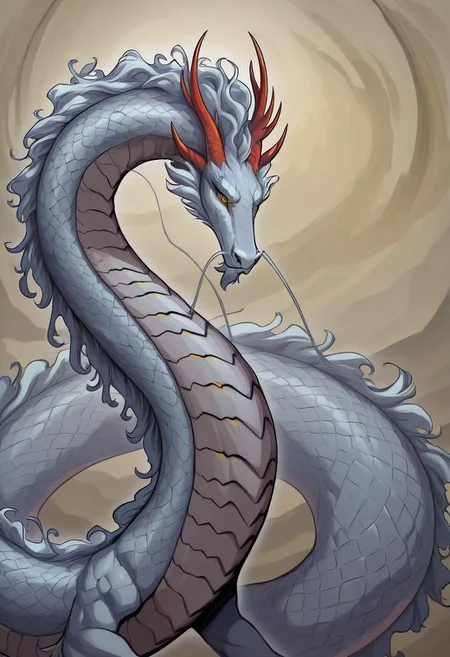 masterpiece, best quality, newest, absurdres, highres, HadesCharacterArtstyle-IL-V1.0, Lung-Easter-Dragon-IL-V1.0, Dragon, Eastern Dragon, white dragon, golden eyes, horns, white scales, red horns,