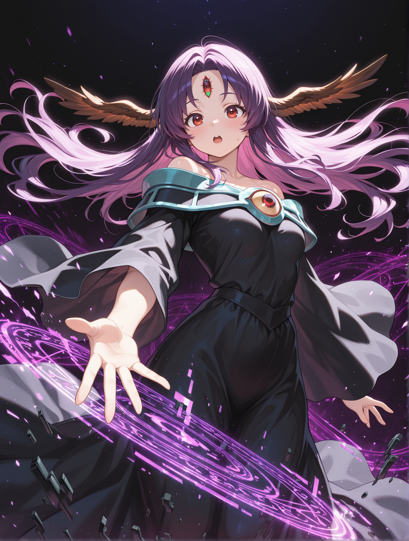 witch of the black forest,1girl,solo,floating hair,green third eye,red eyes,glitch,black background,magic circle,open hand,outstretched hand,open mouth,brown head wings,black long dress,off shoulder,
masterpiece,best quality,amazing quality,very aesthetic,absurdres,newest,<lora:Witch of the Black Forest illusXL v1.4:0.7>,