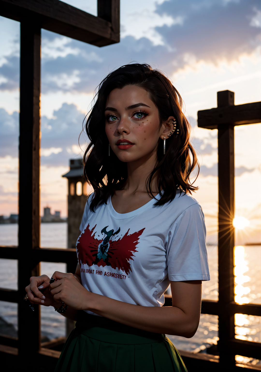 1girl, medium hair, skirt, t-shirt, printed, red hair, green eyes, (piercing:1.3), standing, sunset, rain, 
masterpiece, best quality, intricate,  <lora:backlight_slider_v10:-1> <lora:contrast_slider_v10:3>
 <lora:cummybender:0.8> cummybender