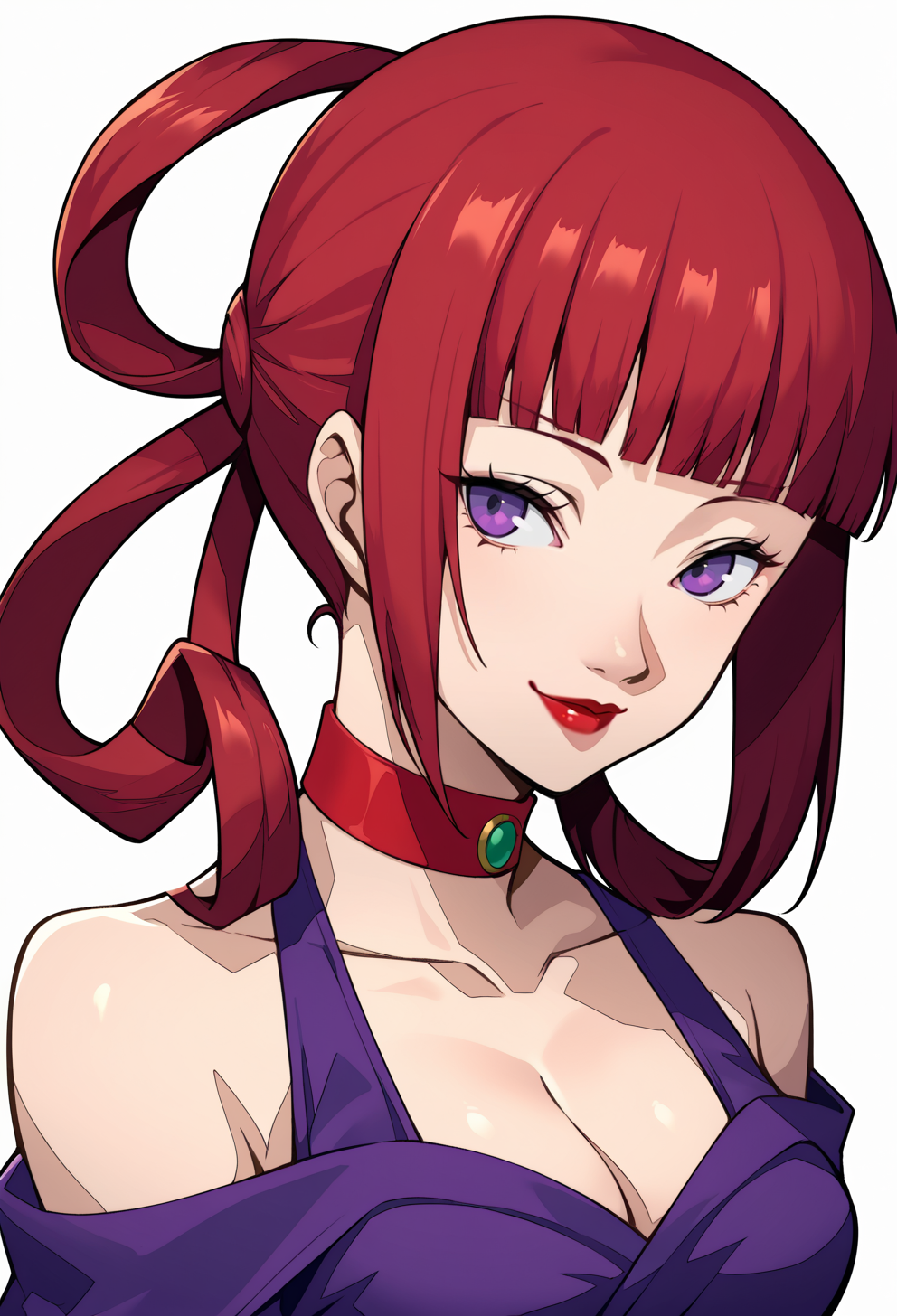 score_9, score_7_up, source_anime, BREAK <lora:zs_P3ReloadPortraitsXL:1> p3reloadportraits, portrait, white background, cleavage, red choker, purple clothes, seductive smile, red lips, 1girl, purple eyes, red hair, blunt bangs, low hair rings, medium breasts,