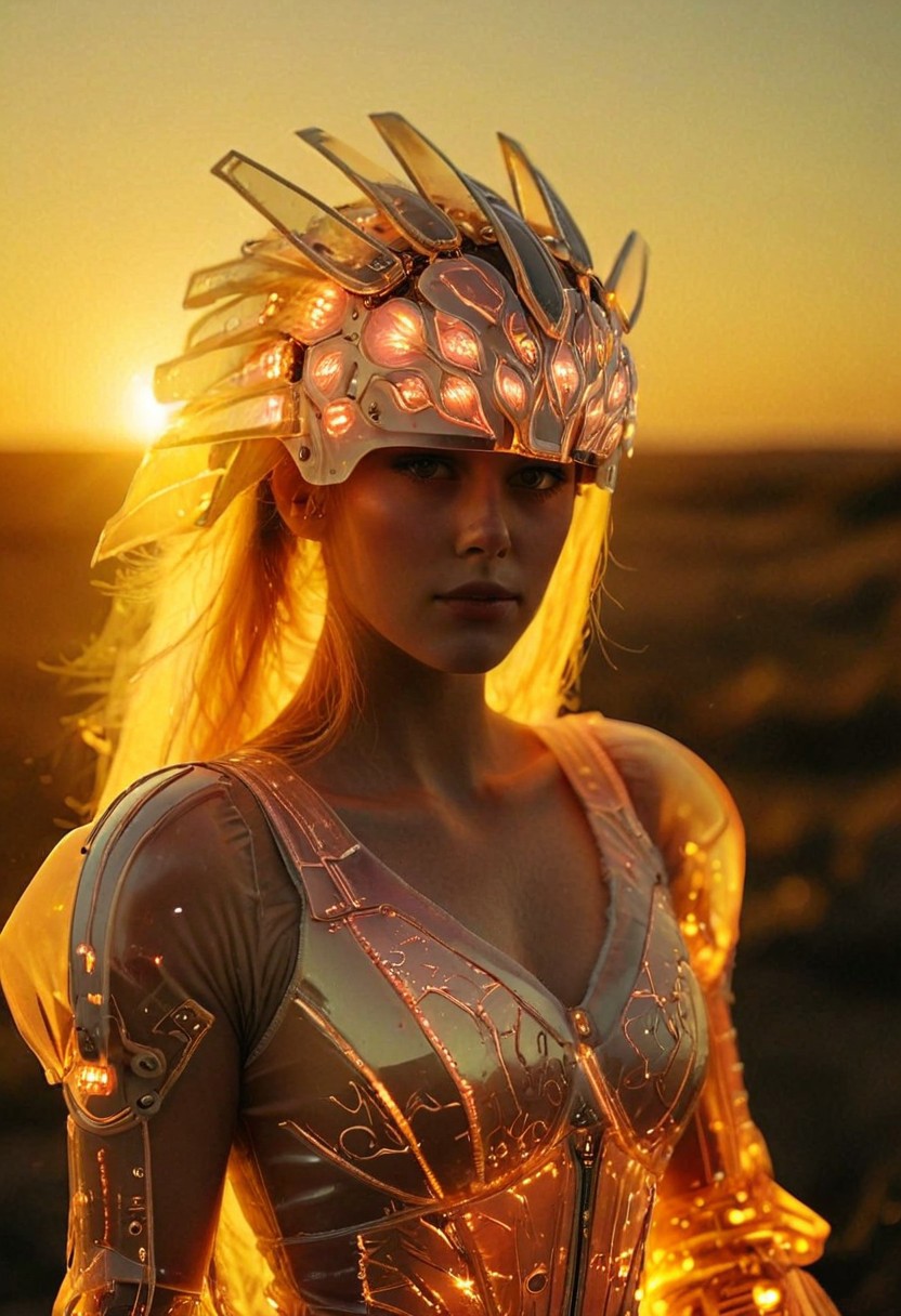 Infront of a Amber sunrise, Closeup Portrait, beautiful charming blushed freckled woman wearing a translucent automaton helmet, detailed skin and lips, extreme Face CloseUp, looking at Viewer, intricate translucent technical helmet details, atmospheric lighting, novuschroma60 style bokeh