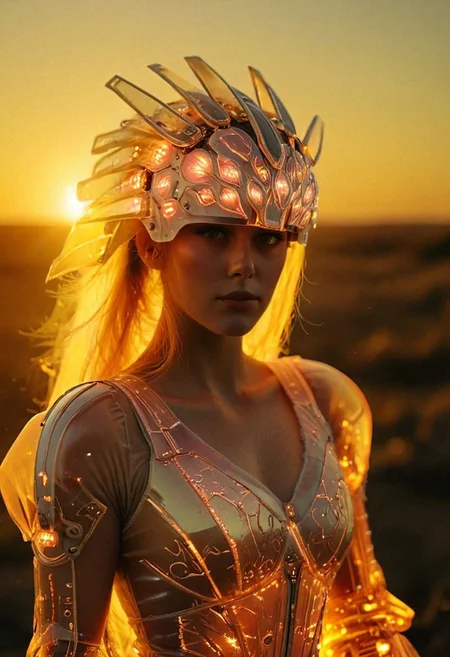 Infront of a Amber sunrise, Closeup Portrait, beautiful charming blushed freckled woman wearing a translucent automaton helmet, detailed skin and lips, extreme Face CloseUp, looking at Viewer, intricate translucent technical helmet details, atmospheric lighting, novuschroma60 style bokeh
