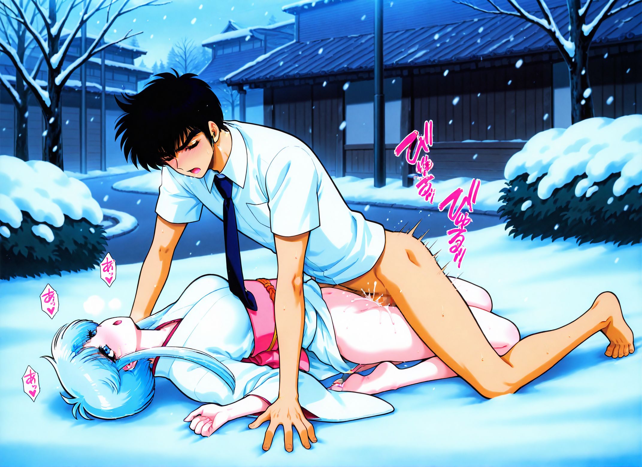<lora:add-detail-xl:0.5>,masterpiece,best quality,anime coloring,anime screenshot,
<lora:Straight-Arm_Missionary:0.7> Straight-Arm_Missionary,
Straight-Arm Missionary, from front,knees bent, feet tucked under hips,
missionary position, full body contact, cum, soldes,penis,from above, 
hands on ground, arms straight, deep penetration, intimate pose,
moaning, cum in pussy, sound effects, bottomless, 
arched back, kneeling with bent knees,
hosokawa miki, 
BREAK   
<lora:ST_Okano_Takeshi_0R:0.7>, okanotakeshi yukime \(jigoku sensei nube\), light blue eyes, light blue hair, short hair, long sidelocks, medium breasts, petite, slim, skinny, thin thighs, thin legs, narrow hips, pale skin white kimono, pink obi , white kimono, yukime \(jigoku sensei nube\), 
outdoors, japan, tokyo, city, street, tree, bush, snowing, snow, snowflakes,
jigoku sensei nube,  male focus, black hair,  nueno meisuke, 
white shirt, necktie,  
 official art, 
okan
BREAK
20YO,milf,adult,