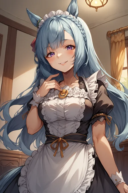 score_9, score_8_up, score_7_up, , rating_general ,1girl , ards, long hair, crown braid, horse ears, ear ornament, horse tail, maid, maid headdress, maid apron, dynamic angle , source_anime    ,  cowboy shot, indoors, naughty face, smile, night, indoors, <lora:ArdanPDCAME UMA:1>