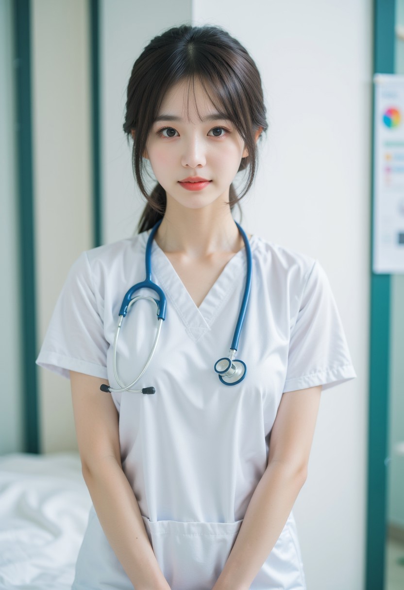 Chinese girl, 1girl, 1qqq, full body view, nurse outfit, indoor, hospital, stethoscope,