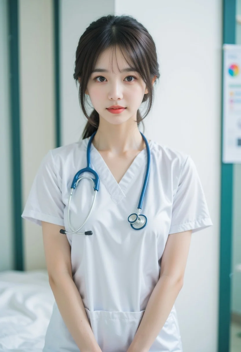 Chinese girl, 1girl, 1qqq, full body view, nurse outfit, indoor, hospital, stethoscope,