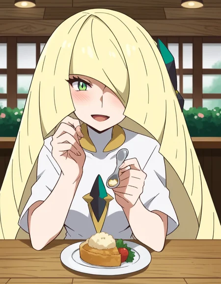score_9, score_8_up, score_7_up, source_anime, <lora:pokemon-lusamine-anime-ponyxl-lora-nochekaiser:1>, pokemonlusamine, blonde hair, green eyes, hair over one eye, long hair, multicolored hair, streaked hair, very long hair, mature female, <lora:incoming-spoon-ponyxl-lora-nochekaiser:1> incoming food, spoon, holding, holding spoon, food, looking at viewer, open mouth, blush, smile, restaurant, plate, hand up,, ,