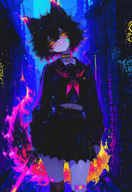 safe_pos, score_9, score_8_up, score_7_up, (masterpiece, best quality, high quality, sharp lines, sharpness), very awa, model style, 1girl, model style, looking at viewer,
tomboy, cute, wolf girl,
BREAK (((short hair, messy hair, hair between eyes, bangs, black hair, two tone hair color, cyan colored inner hair))), animal ears, wolf ears, fiery tail,
(((solo, face focus))), (beautiful detailed face), Soft jawline, cute face, adorable, blush, pouting, eyeliner, eyelashes, fang, bullying, sinister, (((yellow eyes, detailed eyes, perfect eyes))), sexy lips, smug, smiling, sharp teeth,
medium and teardrop shaped breasts, medium breasts, curvy waist, plump,
BREAK (((school uniform, serafuku, black skirt, black shirt over hang, navel piercing, choker, neon band-aid on left knee, thighs, kneehighs, skindentation))),
BREAK (((standing, head tilt, holding one sword, katana, dynamic pose, exotic pose, looking at viewer))),
volumetric lighting, glowing, raytracing, ambient occlusion, gradient color, luminescent background, outdoors, night, brick wall, graffiti, dim lighting, alley, high contrast, (((tasteful layout, detailed background))),
(((close-up, portrait)))