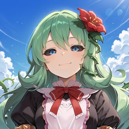 <lora:ChamIllustriousBackgroundEnhancer:0.5> <lora:illustrious_quality_modifiers_masterpieces_v1:0.8> ,  masterpiece, very aesthetic, absurdres, best quality, amazing quality, high resolution, newest, very awa, scenery, volumetric lighting, solo,  looking at viewer,  <lora:ToraIllustrious:0.8> , tordef, 1girl, solo, long hair, green hair, black sclera, blue eyes, hair flower, neck ribbon, bib collar, black dress, frilled dress, gold trim, juliet sleeves, yellow armlet, spiked armlet, close-up, face, ((portrait)), thorns, vines, exterior, blue sky, clouds, smile,