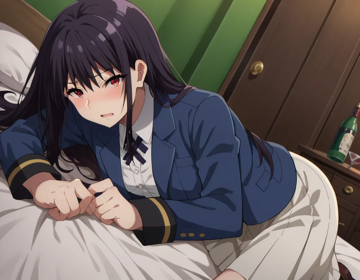 score_9, score_8_up, score_7_up, source_anime,
clairekagenou, <lora:claire-kagenou-ponyxl-lora-nochekaiser:1>,
claire kagenou, long hair, black hair, red eyes,
shirt, jacket, blazer, skirt, white skirt,
indoors, bed, bed room, on side, blush, drunk,
looking at viewer, dutch angle,