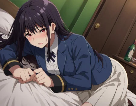 score_9, score_8_up, score_7_up, source_anime,
clairekagenou, <lora:claire-kagenou-ponyxl-lora-nochekaiser:1>,
claire kagenou, long hair, black hair, red eyes,
shirt, jacket, blazer, skirt, white skirt,
indoors, bed, bed room, on side, blush, drunk,
looking at viewer, dutch angle,