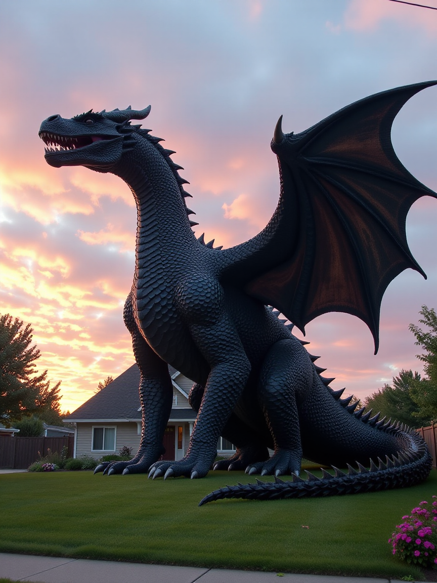 Enormous dragon perched in the front yard, gleaming black scales catching the sunlight, wings furled tight against its back, sharp talons sinking into the earth. A suburban house stands small in the background, flowers along the garden trampled under its weight. Sky tinged with pink as the sun sets, a mix of awe and fear in the air, surreal and majestic scene.
