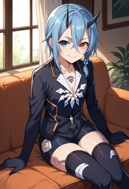 score_9, score_8_up, source_anime, 1girl, solo, IoDefault, heterochromia, tattoo, horns, short hair, side braid, black jacket, long sleeves, black shorts, gloves, black thighhighs, indoors, sitting, on couch, smile, <lora:ChamIoPSO2PonyXL:1>