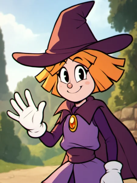 score_9, score_8_up, score_7_up, score_6_up, BREAK, P3nny, 1girl, solo, orange hair, short hair, witch hat, purple hat, black eyes, purple dress, purple cape, white gloves, upper body, smile, raise left hand, waving, looking at viewer, <lora:Penny-000009:1>