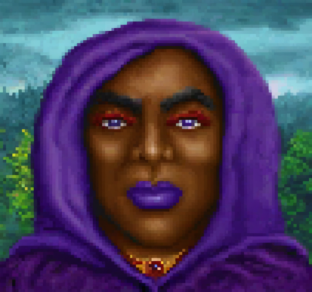 cinematic still Original HoMM2 style portrait of a sorceress with dark skin, partially obscured by a deep blue hooded cloak. The cloak covers most of her face, revealing only the lower half, including a pair of red lips. The cloak is festened by a golden jewelry with purple gemstone. She wears a purple dress with cleavage and wavy red stitching border. The background consists of a vibrant, colorful fantasy landscape with a mix of green trees and a cloudy sky with shades of purple and blue . emotional, harmonious, vignette, 4k epic detailed, shot on kodak, 35mm photo, sharp focus, high budget, cinemascope, moody, epic, gorgeous, film grain, grainy, Original HoMM2 style portrait of a sorceress with dark skin, partially obscured by a deep blue hooded cloak. The cloak covers most of her face, revealing only the lower half, including a pair of red lips. The cloak is festened by a golden jewelry with purple gemstone. She wears a purple dress with cleavage and wavy red stitching border. The background consists of a vibrant, colorful fantasy landscape with a mix of green trees and a cloudy sky with shades of purple and blue, cinematic, dynamic composition, dramatic atmosphere, detailed, intricate, elegant, highly saturated colors, extremely complimentary color, epic light, beautiful scenic, ambient, pristine, magic, sharp focus, professional, winning, creative, fair, innocent, pretty