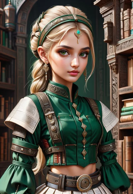 hyper detailed masterpiece, dynamic, awesome quality, DonMB00ksXL female adolescence, solid, middle easterner, dark green eyes, elongated ears, nostril narrow nose, narrow jaw, uneven forehead, square face shape with round forehead, bridal makeup , silver blonde messy bun hair, trust wearing flared midi skirt, chambray moroccan collared shirt, sneakers, , hands on the stomach, suggesting nervousness or discomfort, hugging upper body clothing, crew neck, cybernetic nanoflake coating, ribbed, cutout sleeves, maxi length, drop waist, belt loops,,two-piece set, corset closure,,back pockets,,allover print, skin-tight lower body clothing, plasma-lace lace, tungsten, slim fit, natural waist, studs,,illustration,cargo pockets,,belt,,belt loops,,light wash, made of books <lora:DonMB00ksXL-000008:1>