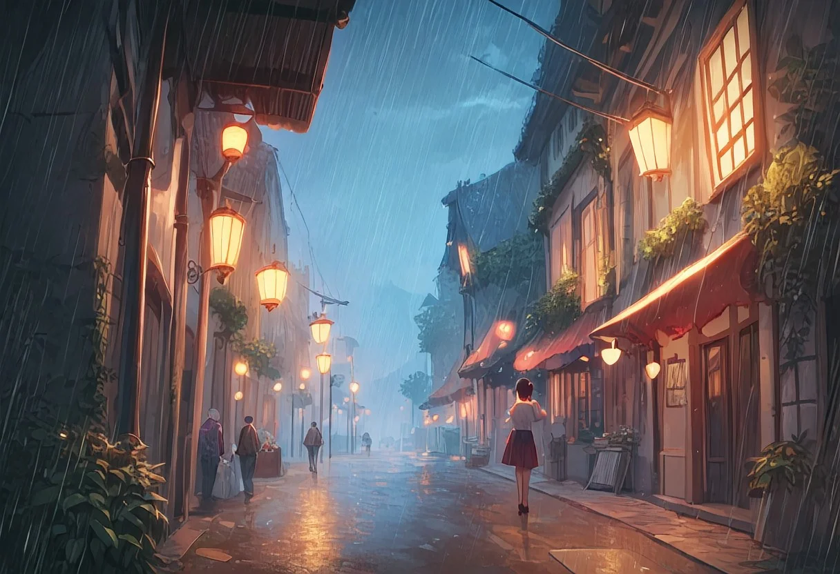 score_9, score_8_up, score_8. score_9, score_8_up, score_7_up, masterpiece, 4k, high quality, (best quality:1.1),anime, beautiful drawing, rainy street, a melancholic nerd looks at the sky with rain mixed with tears and wonders about the future