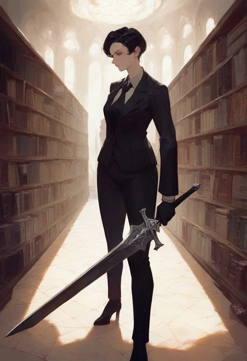(score_9, score_8_up:1.1), score_7_up, masterpiece, <lora:Roland_Library_Of_Ruina:1>, BREAK
RolandLOR, short hair, black hair, small breasts, gloves, 1girl, holding, jacket, (indoors, library), weapon, female focus, necktie, pants, sword, holding weapon, holding sword, formal, suit, dual wielding, solo