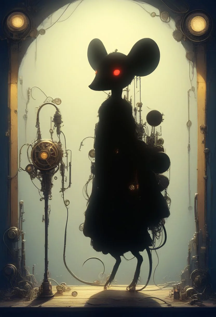 score_9,score_8_up,score_7_up,score_6_up,score_5_up,score_4_up, (((red))), backlight colors, (silhouette:2), backlighting, glowing red eyes, twinkling night sky, starry, bright colors, high contrast, vivid lighting, (((mouse))), (solo), (solo:2), furry, (feral), dress, witch hat, (holding staff), steampunk, reelmech, mechanical parts, cable, wires, machinery, joints,
