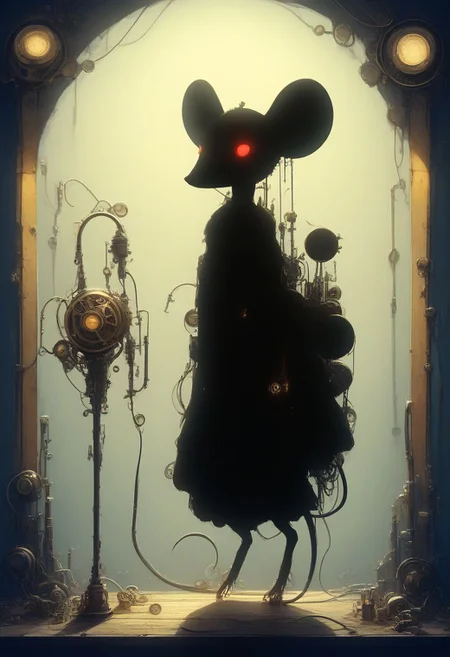 score_9,score_8_up,score_7_up,score_6_up,score_5_up,score_4_up, (((red))), backlight colors, (silhouette:2), backlighting, glowing red eyes, twinkling night sky, starry, bright colors, high contrast, vivid lighting, (((mouse))), (solo), (solo:2), furry, (feral), dress, witch hat, (holding staff), steampunk, reelmech, mechanical parts, cable, wires, machinery, joints,