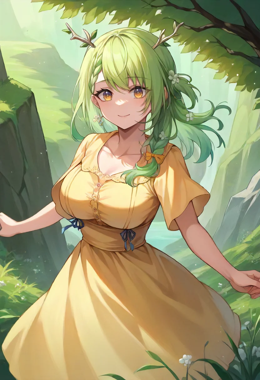 score_9, score_6_up, source_anime, 1girl, solo, fauna, long hair, antlers, braided bangs, yellow sundress, collarbone, valley, light smile, large breasts <lora:ceres_fauna_sdxl_pony:1>