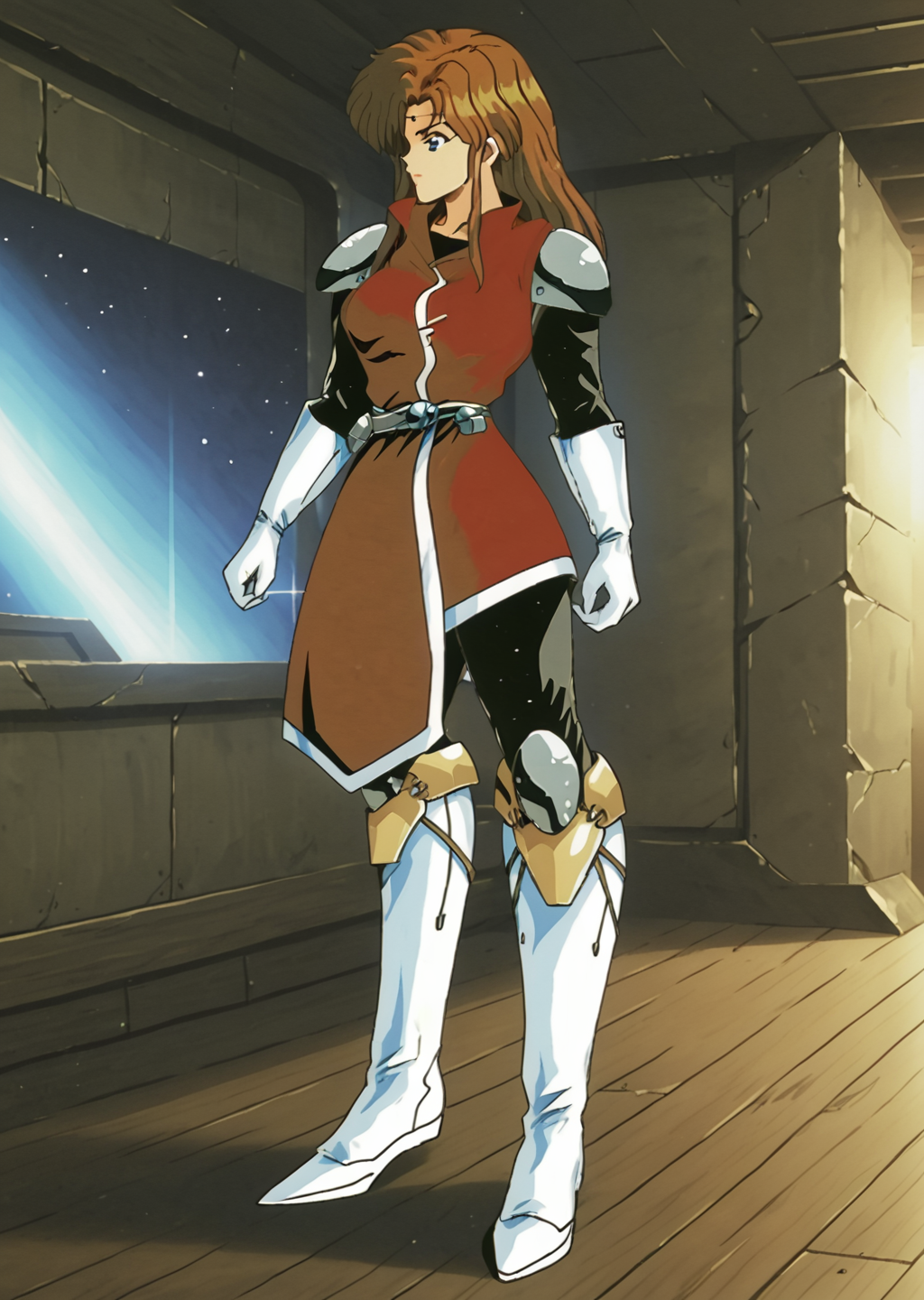 woman standing heroic, Alys Brangwin, armor, dynamic shot, curvy, white boots, red sleeveless short coat, black long-sleeve shirt, white gloves, sci-fi, indoors, solo, 1girl, brown hair, blue eyes, retro style, illustration, profile, side view, <lora:Alys_Brangwin-000007:1>