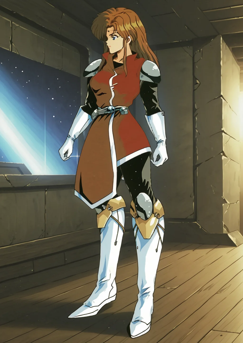 woman standing heroic, Alys Brangwin, armor, dynamic shot, curvy, white boots, red sleeveless short coat, black long-sleeve shirt, white gloves, sci-fi, indoors, solo, 1girl, brown hair, blue eyes, retro style, illustration, profile, side view, <lora:Alys_Brangwin-000007:1>