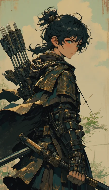 please create an archer similar to Irvine of berserk, shooting against the wind as a 1980s anime film,lyh_niji