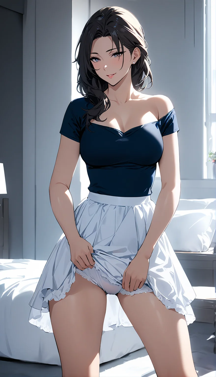 masterpiece, best quality, 1girl, aged up, seductive smile, medium breasts, short dress, off shoulder, short sleeves, white sheer petticoat, skirt lift, bedroom, standing,