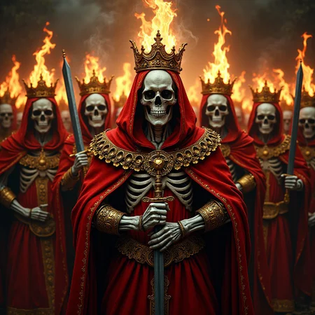 photorealistic, skull, suicide kings, 9 crowns, burned skeletons, swords, fire, golden wreath, red and gold robes, playing cards