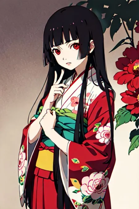 enma ai, hair down, hair black, bangs, eyes red, masterpiece, best quality, ultra-detailed, illustration, 1girl, solo, highres, photorealistic, ultra high res, (Original illustration composition), (fusion of limited color,Maximalism artstyle, kimono obi fashion, double exposure, background, illustration, Amazing, lily spider, night darkness, open one's mouth, middle finger show, bouquet flowers red, low twintails, (polychromatic peony:1.15), Movie poster,