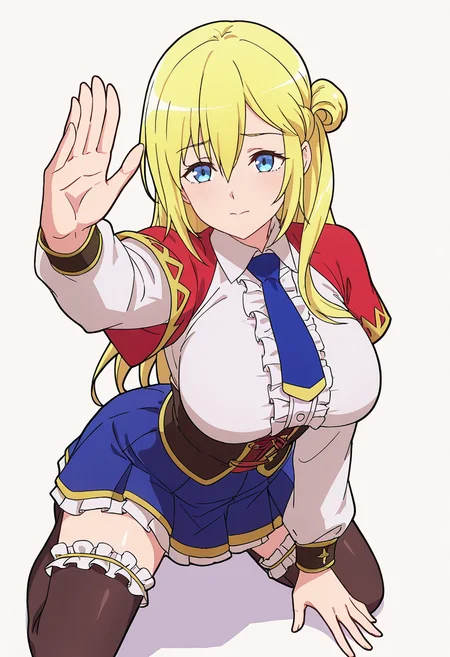 Smooth Quality,masterpiece,very intricate, high quality details, ultra realistic, high detailed skin,detailed enviorement,absurdres,
open hand,solo,
<lora:Enome_CNR:0.8> enome_cnr, blonde hair, blue eyes, long hair, large breasts, hair between eyes, white shirt, blue necktie, collared shirt, long sleeves, skirt, capelet, necktie, center frills,single hair bun, half updo,, simple background, white background, from above,
kneeling pose, one hand on the ground, other hand reaching forward, focused gaze, tense muscles, ,, kimono, ,corset top, ,frilled thighhighs, ,, xd,