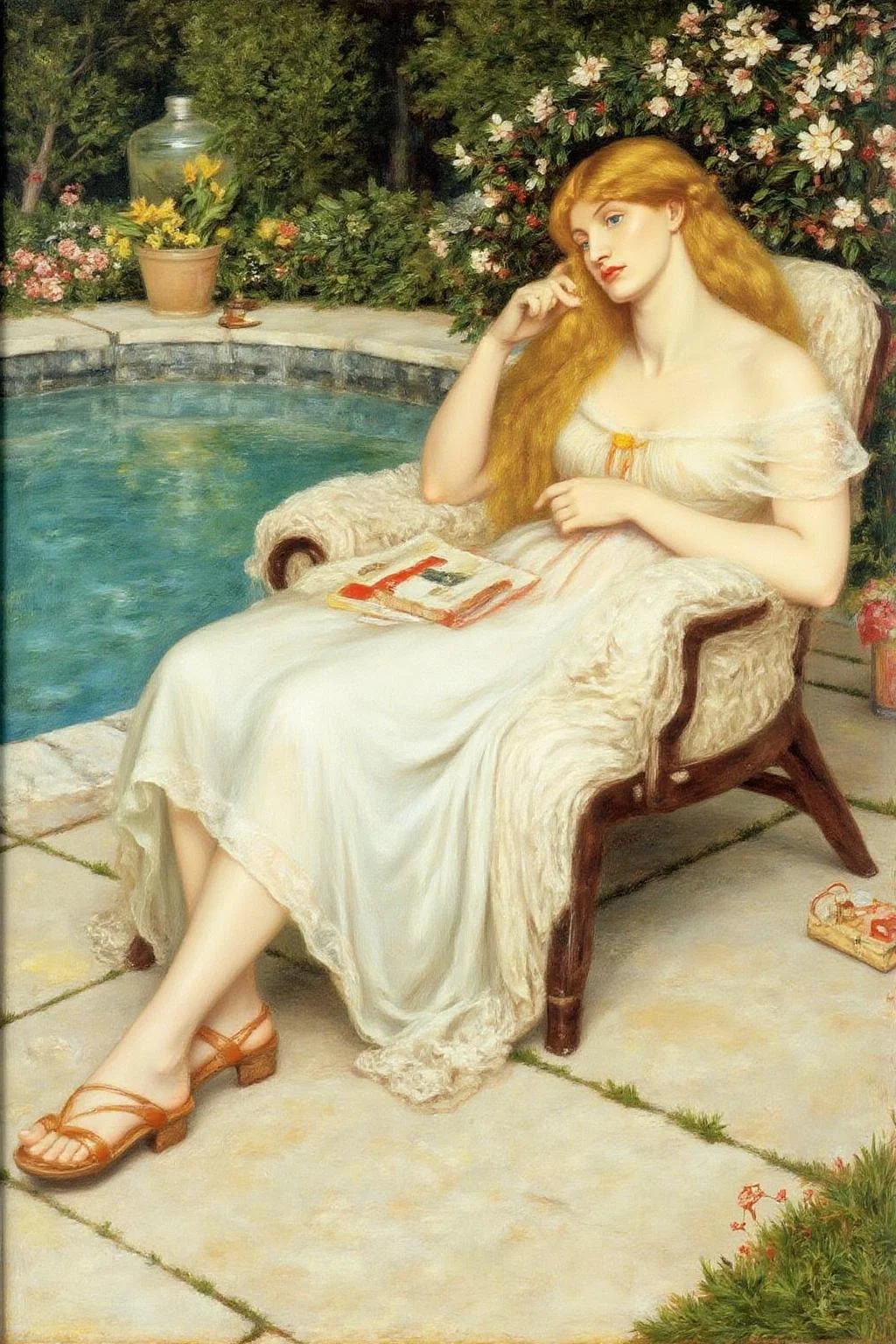 dgr painting.
A blonde woman relaxing on a lawn chair beside a swimming pool.
<lora:dgr1_cap_d6a3e8:1.0><lora:819488977359771410:0>