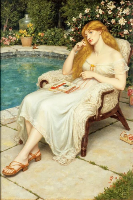 dgr painting.
A blonde woman relaxing on a lawn chair beside a swimming pool.  
  <lora:dgr1_cap_d6a3e8:1.0><lora:819488977359771410:0>