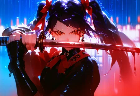 1girl, jill stingray, twintails, dark purple hair, red eye, ringed eyes, cold stare, killing intent, hkwarrior, focus on face, movie wide profile shot, holding katana towards viewer, low guard sword parry stance, holding sword, (foreshortening:1,2), long curved blade, one hand on blade of katana, red string tied to hilt blowing in wind, earrings, dark red and black low tech cyber armor, greaves, sweat, hair wet with blood, blood drip from blade, sts-foreshortening-v2,
BREAK
score_9, score_8_up, score_7_up, on roof of a tall corporate building, cityscape, bokeh, dark night, night sky, high contrast, detailed face, sharp focus on face, rain, wet, red theme,