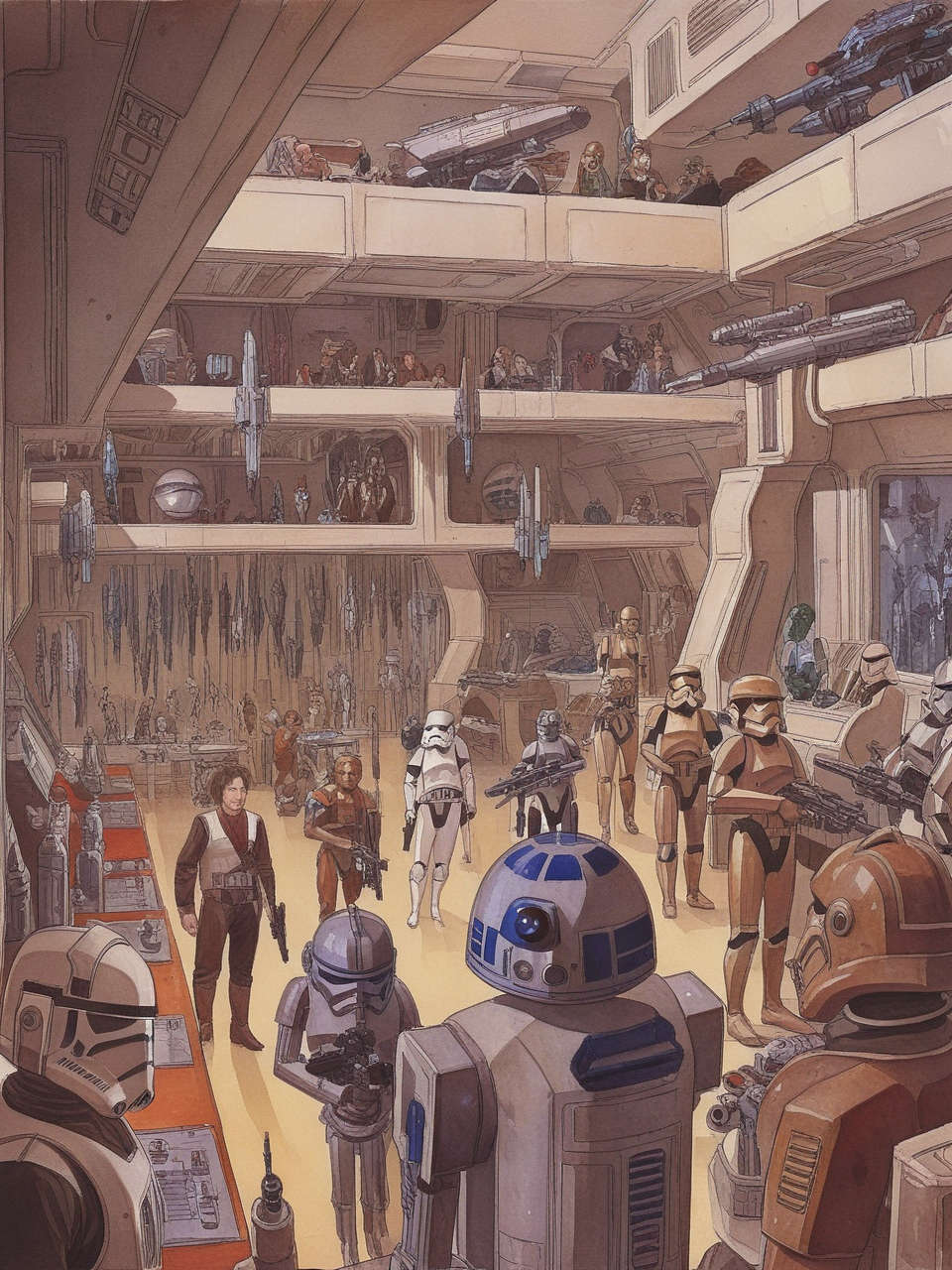 star wars pastiche, science fiction interior, crowded, weapons, watercolor, illustration by Jean-Pierre Gibrat <lora:byJeanPierreGibratXL:1>
