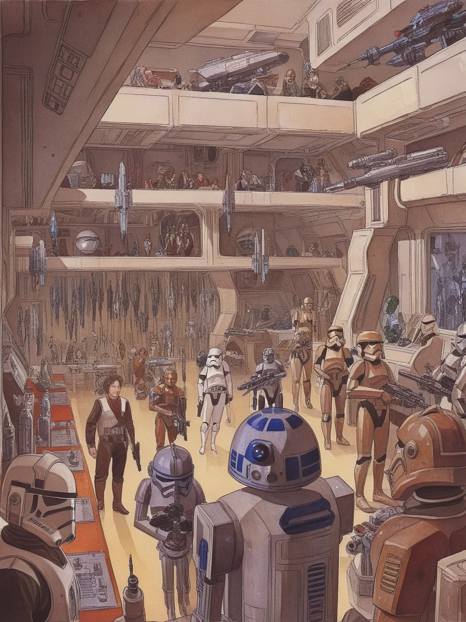 star wars pastiche, science fiction interior, crowded, weapons, watercolor, illustration by Jean-Pierre Gibrat <lora:byJeanPierreGibratXL:1>