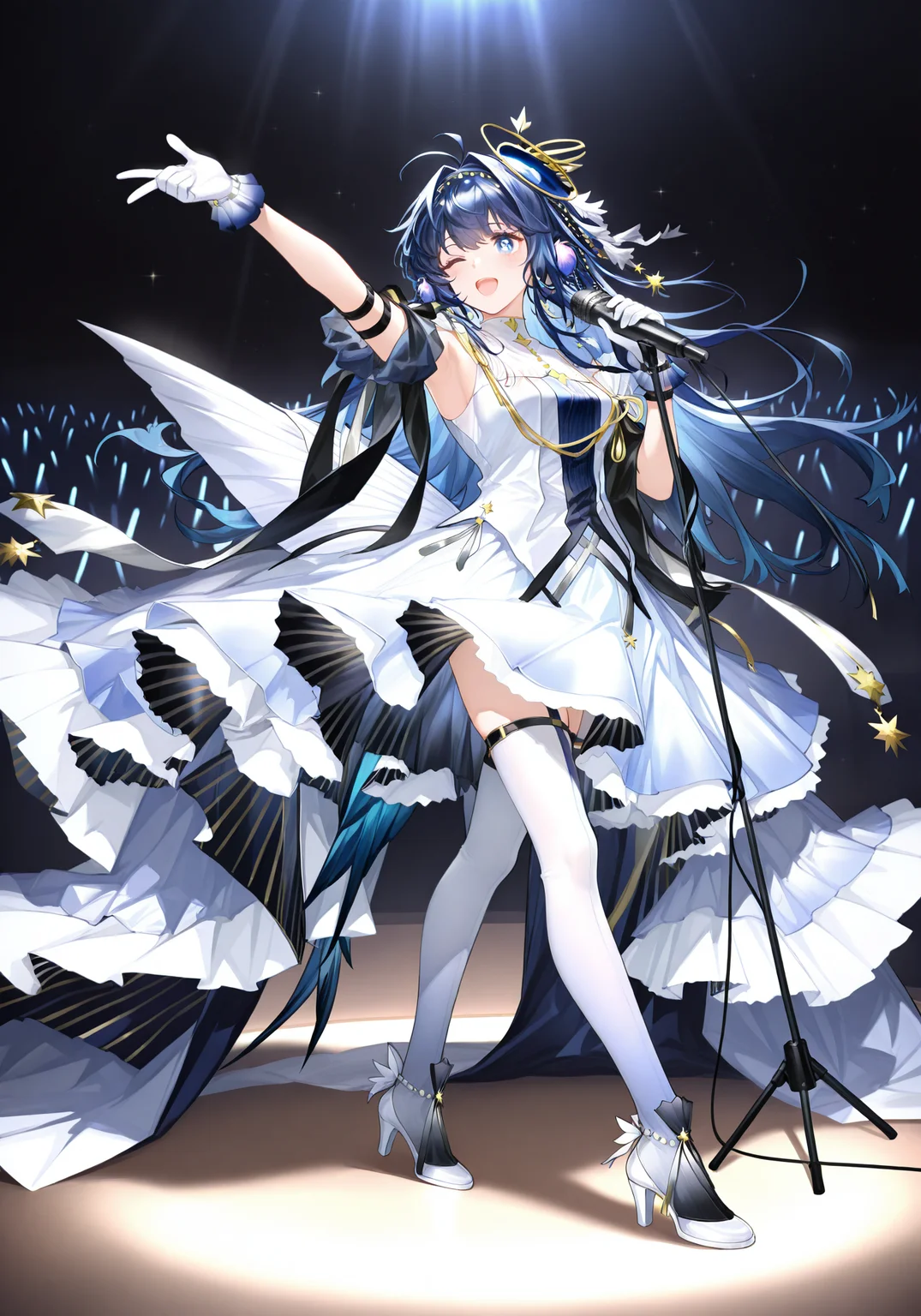arknightsgame,arkbg,masterpiece,best quality,amazing quality,very aesthetic,high resolution,ultra-detailed,absurdres,
1girl,solo,Astesia,blue eyes,white pupil,bird tail,long hair,blue hair,bird girl,medium breasts,
astesia_\(frlibe_on_the_palace\)_\(arknights\),white sleeveless dress,black arm strap,white high heels,gradient gloves,hair ornament,white thighhighs,ahoge,
dynamic pose,holding microphone, microphone, microphone stand,stage,wink,singing,
<lora:AstesiaILREV1.0-000003:1>,arkbg,<lora:ArknightsGameStyleILV1:0.8>,