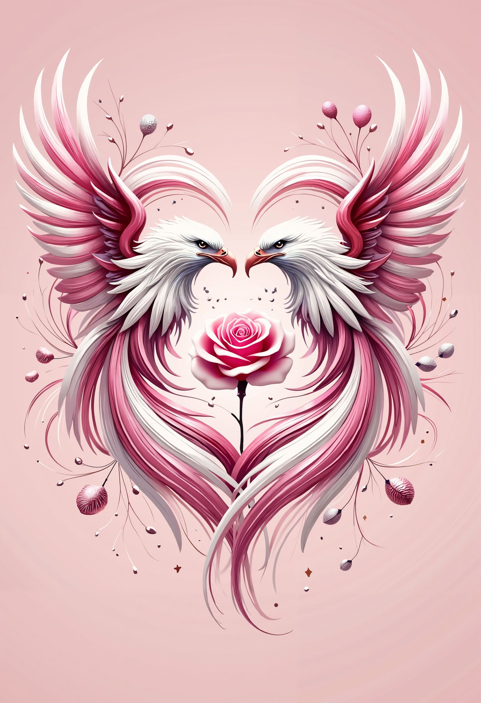 bo-romance, a highly detailed, digital artwork depicting two majestic eagles in a heart shape, the eagles are positioned side by side, facing each other with their wings spread wide, their feathers are predominantly white with a hint of pink, creating a striking contrast against their dark feathers, the wings are intricately detailed, with a smooth texture and a glossy finish, they have sharp beaks and piercing eyes, adding to their fierce appearance, in the center of the heart, a large, vibrant pink rose is delicately placed, its petals fully closed, adding a sense of warmth and beauty to the composition, the background is a soft, pastel pink, enhancing the ethereal and romantic feel of the artwork, the overall composition is symmetrical and balanced, with the two eagles forming the central heart, surrounded by intricate, flowing lines and delicate floral elements, small, pink flowers and small, round, metallic ornaments add a touch of elegance and romance to the artwork<lora:boFLUX Romance Abyss.safetensors:1.0:1.0>