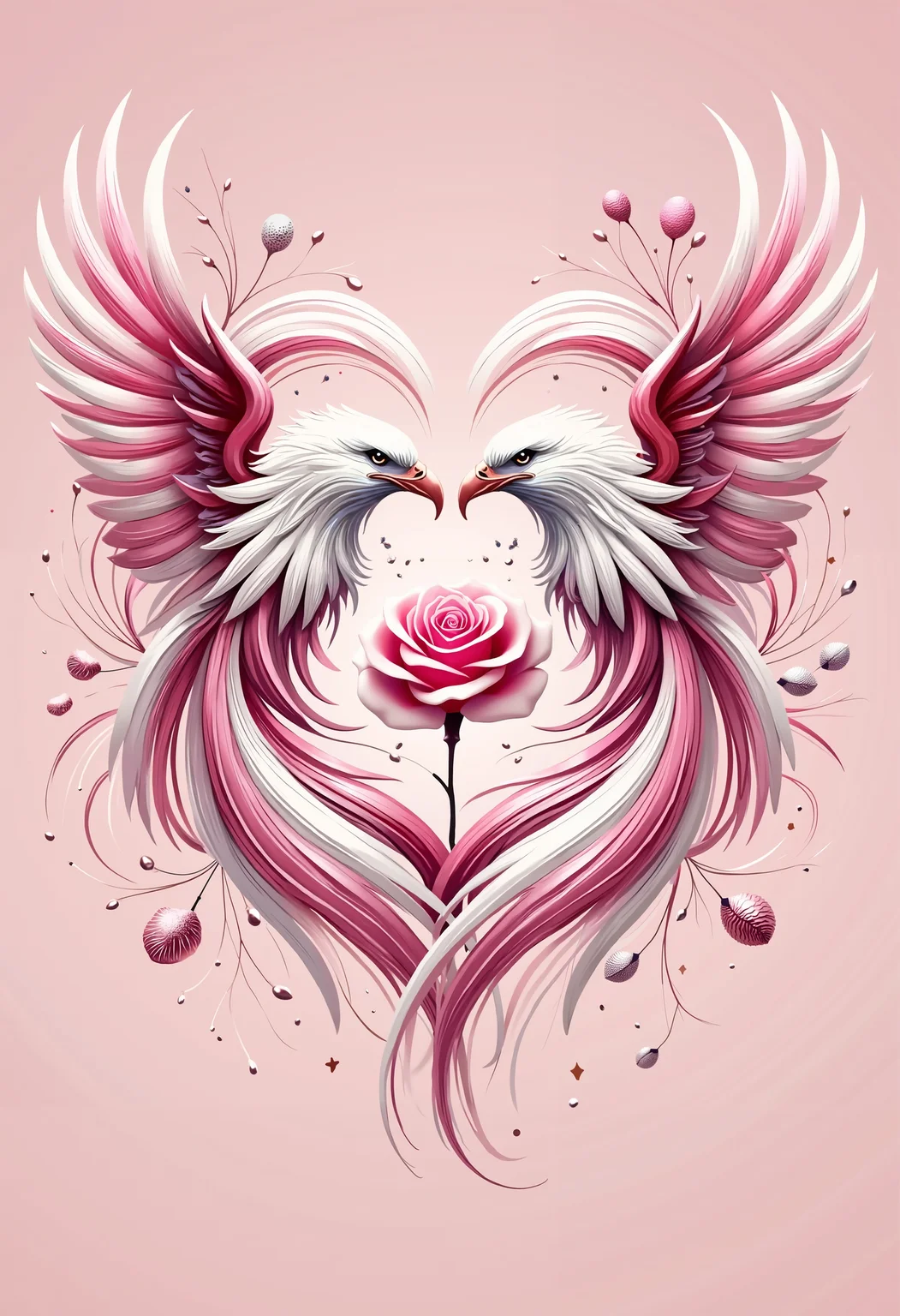 bo-romance, a highly detailed, digital artwork depicting two majestic eagles in a heart shape, the eagles are positioned side by side, facing each other with their wings spread wide, their feathers are predominantly white with a hint of pink, creating a striking contrast against their dark feathers, the wings are intricately detailed, with a smooth texture and a glossy finish, they have sharp beaks and piercing eyes, adding to their fierce appearance, in the center of the heart, a large, vibrant pink rose is delicately placed, its petals fully closed, adding a sense of warmth and beauty to the composition, the background is a soft, pastel pink, enhancing the ethereal and romantic feel of the artwork, the overall composition is symmetrical and balanced, with the two eagles forming the central heart, surrounded by intricate, flowing lines and delicate floral elements, small, pink flowers and small, round, metallic ornaments add a touch of elegance and romance to the artwork<lora:boFLUX Romance Abyss.safetensors:1.0:1.0>