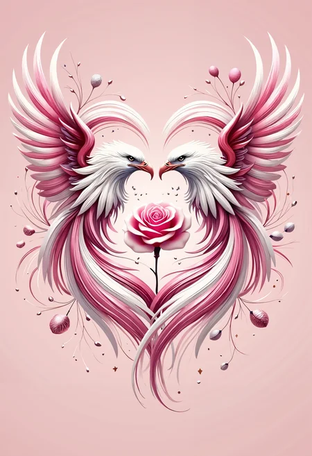 bo-romance, a highly detailed, digital artwork depicting two majestic eagles in a heart shape, the eagles are positioned side by side, facing each other with their wings spread wide, their feathers are predominantly white with a hint of pink, creating a striking contrast against their dark feathers, the wings are intricately detailed, with a smooth texture and a glossy finish, they have sharp beaks and piercing eyes, adding to their fierce appearance, in the center of the heart, a large, vibrant pink rose is delicately placed, its petals fully closed, adding a sense of warmth and beauty to the composition, the background is a soft, pastel pink, enhancing the ethereal and romantic feel of the artwork, the overall composition is symmetrical and balanced, with the two eagles forming the central heart, surrounded by intricate, flowing lines and delicate floral elements, small, pink flowers and small, round, metallic ornaments add a touch of elegance and romance to the artwork<lora:boFLUX Romance Abyss.safetensors:1.0:1.0>