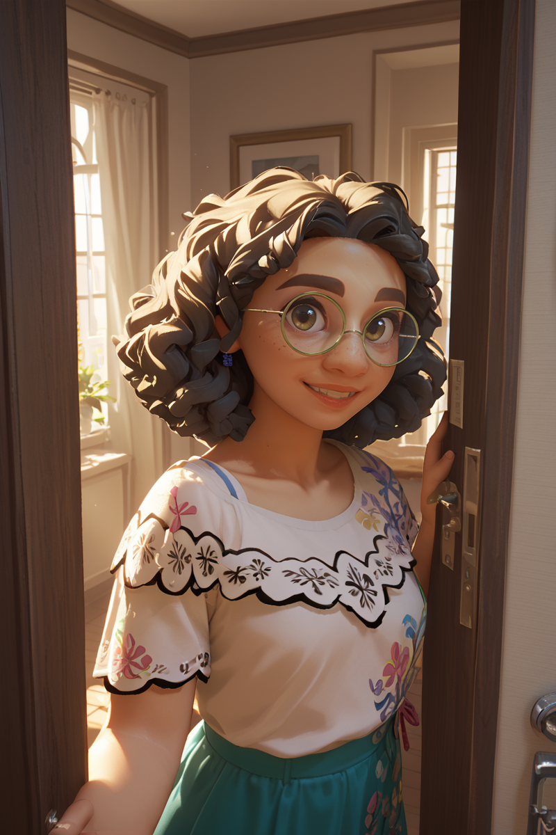 score_9, score_8_up, score_7_up, score_6_up <lora:Dramatic Lighting Slider:2>  <lora:Mirabel_Madrigal-_pony_101:0.8> m1rabel101  portrait ,clothed medium bust looking at viewer in a doorway ,light smile up close  pulling you inside with her arm