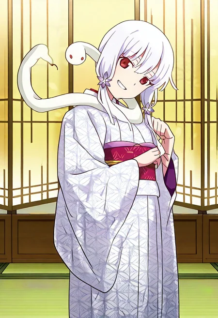 Smooth Quality - Illustrious, sfw,
anime, illustration, nadeko, red eyes,medium hair,white hair,snake hair,albino,
<lora:NSFWFilter_illusXL_Incrs_v1:-1>
<lora:Snake_on_Shoulders:0.8> sn4k3, snake on shoulders, large snake, white snake,
1girl, solo, standing, cowboy shot, alluring pose,
japanese clothes, white kimono, furisode, floral print,
looking at viewer, head tilt, beautiful smile, grin,
golden folding screen, zabuton, tatami,