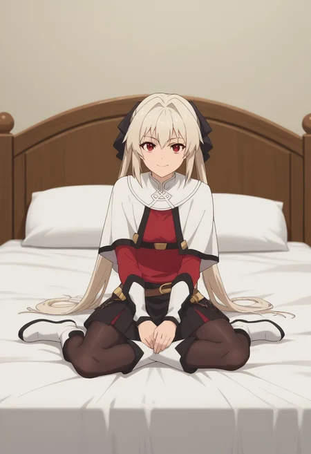 score_9, score_8_up, score_7_up, score_6_up, score_5_up, score_4_up , anime coloring ,BREAK source_anime, anime,screencap, 1girl, solo, lynneburg, bracers, hair ribbon, white boots, skirt, black pantyhose, red shirt, white capelet, belt, <lora:PonyXL Parry Lynne:1> indoors,bedroom smile, looking at viewer, sitting on bed,